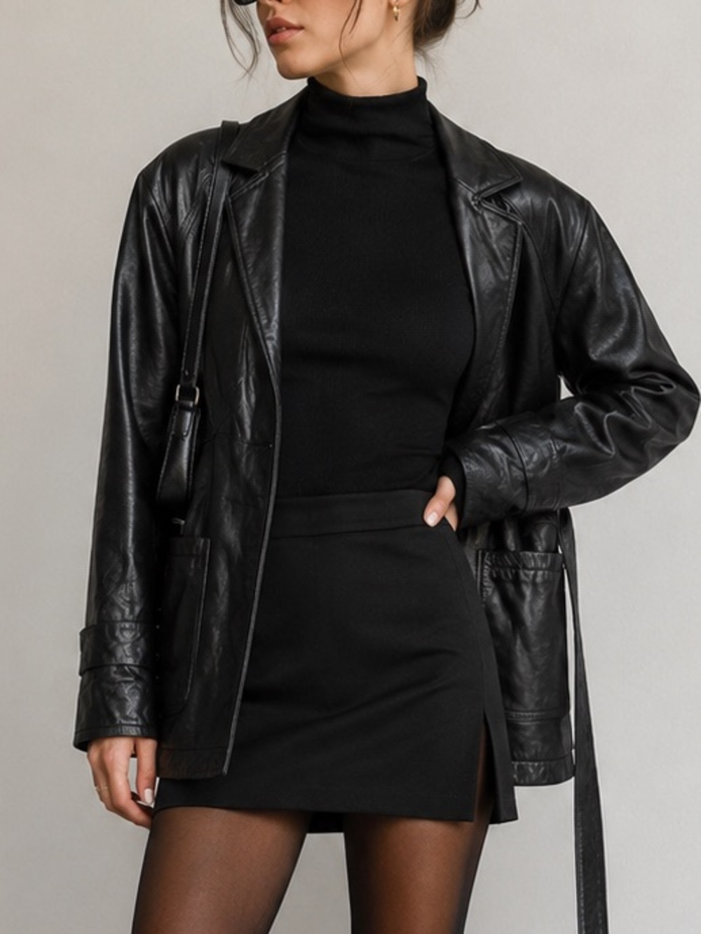 Wilsons‎ Black Genuine Leather Belted Jacket Size M 90s Clean Girl Classic Model